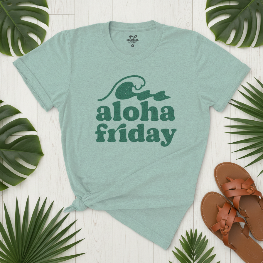 Light blue t-shirt with 'aloha friday' text on a wooden surface with palm leaves and sandals.