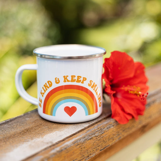 Be Kind & Keep Smiling Rainbow Camping Mug