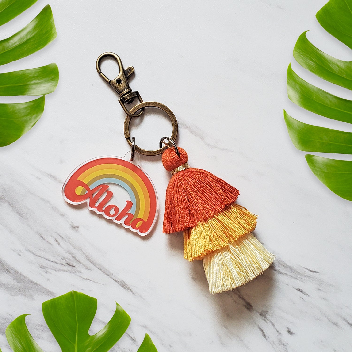 Aloha Retro Rainbow Keychain Charm with bohemian tassels