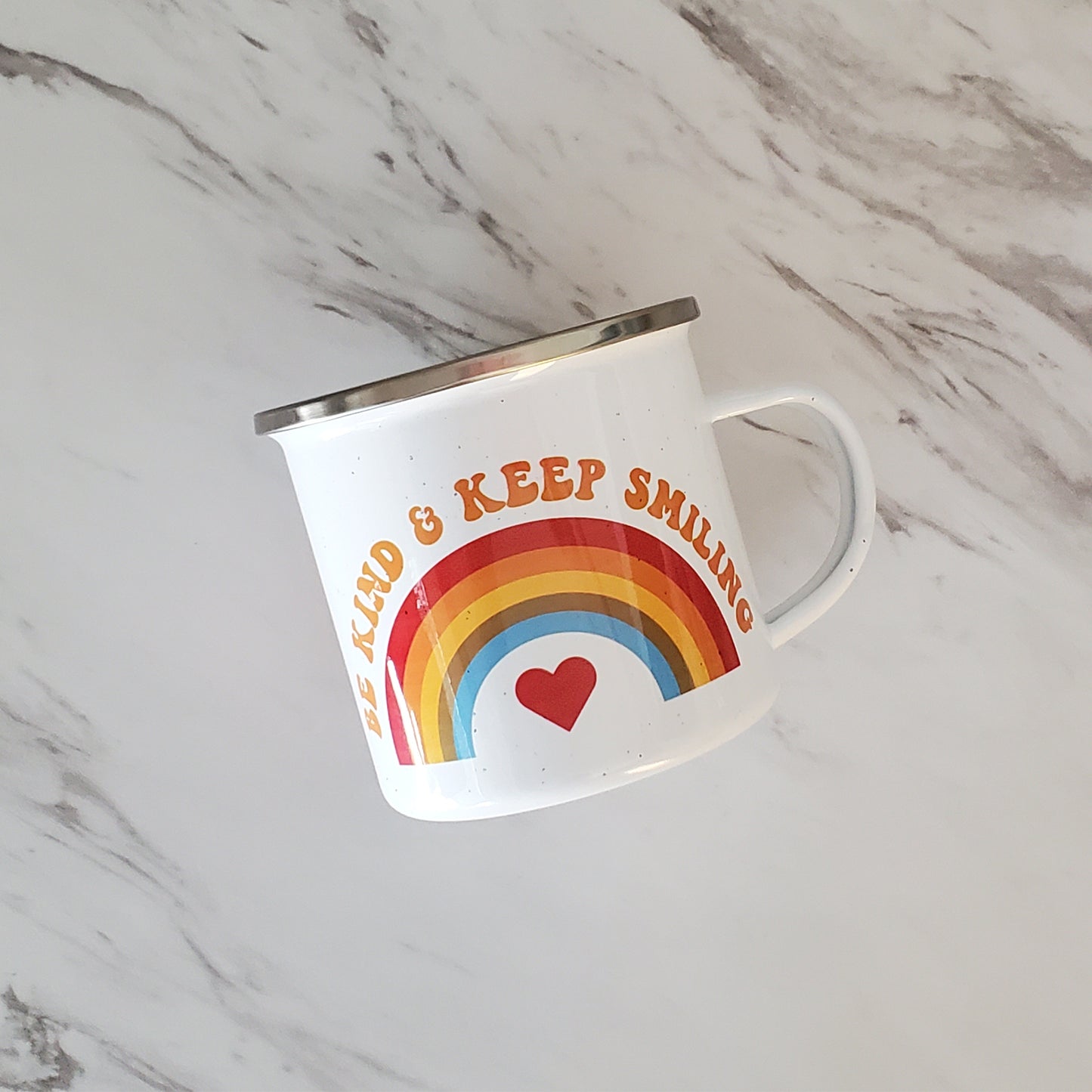 Be Kind & Keep Smiling Rainbow Camping Mug